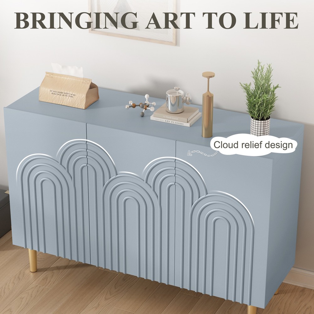 Wood Accent Storage Cabinet with Storage and 3 Doors with Relief Patterned Blue