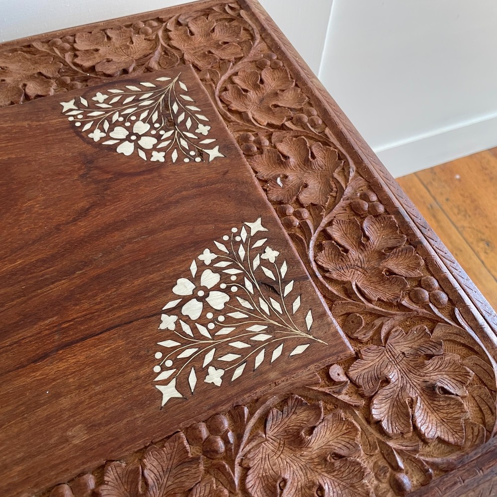 Indian Carved Folding Table Rectangular Coffee Table Inlaid Floral Pattern