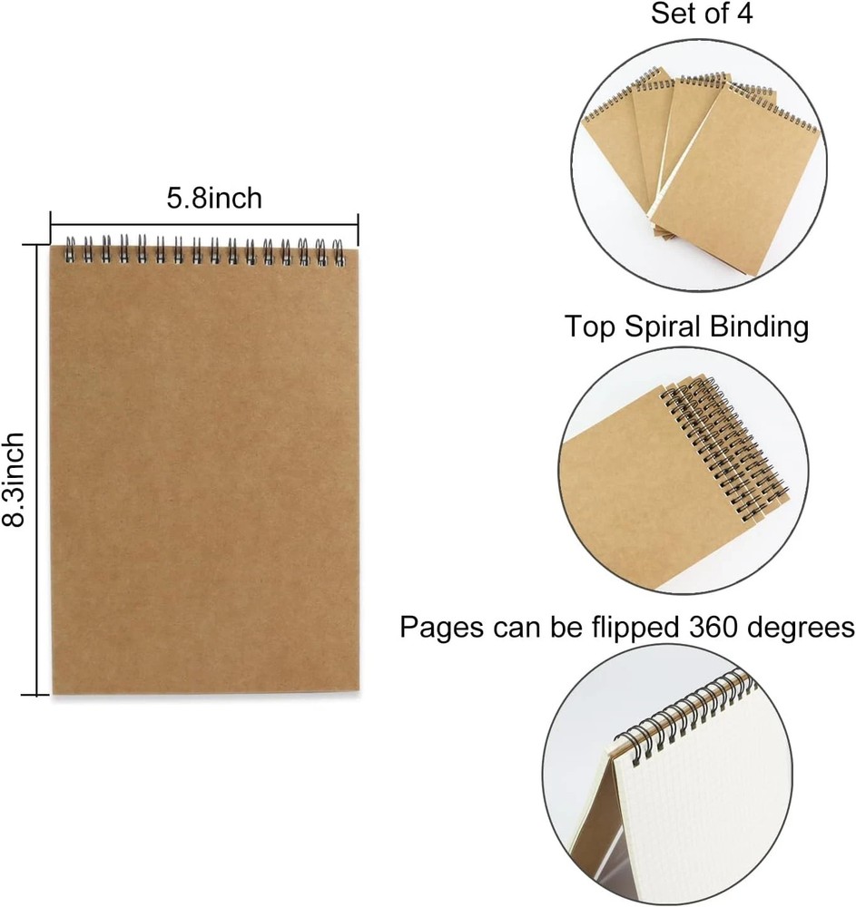 4 Pack Graph Paper Notebook, A5 Top Wirebound Grid Spiral Notebook,5.8" X 8.3",1