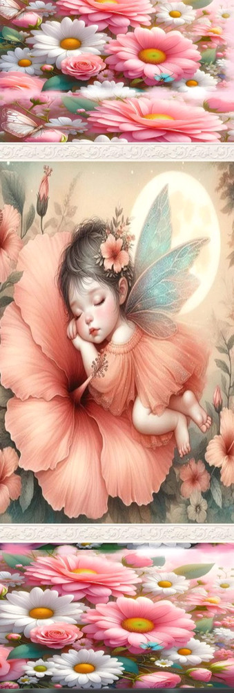 SLEEPING PIXIE ON FLOWER- CAT,FLOWERS, BIRDS-BOOKMARK & TASSEL