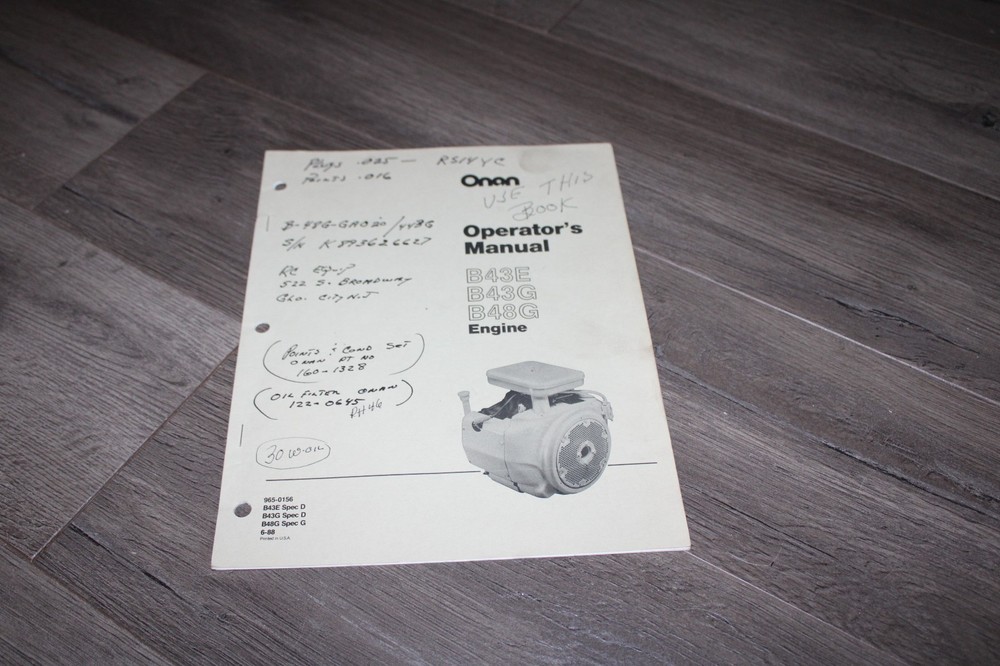 Onan B43E B43G B48G small engine operators manual June 1988