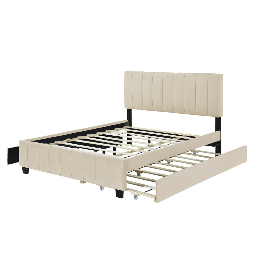 Queen Size Bed Frame Upholstered Platform Bed w/ Pull-Out Trundle & 2 Drawers