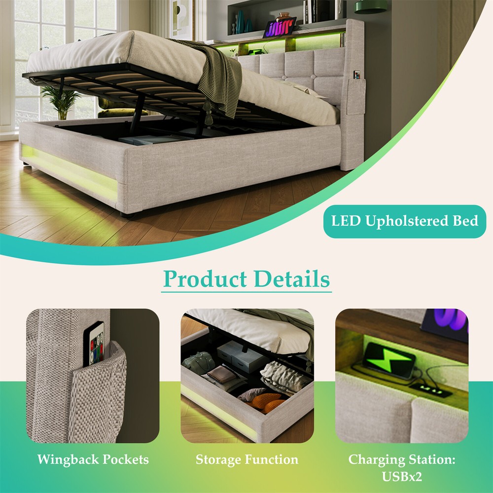 Queen Size LED Bed Frame Upholstered Platform Bed with Hydraulic Storage System