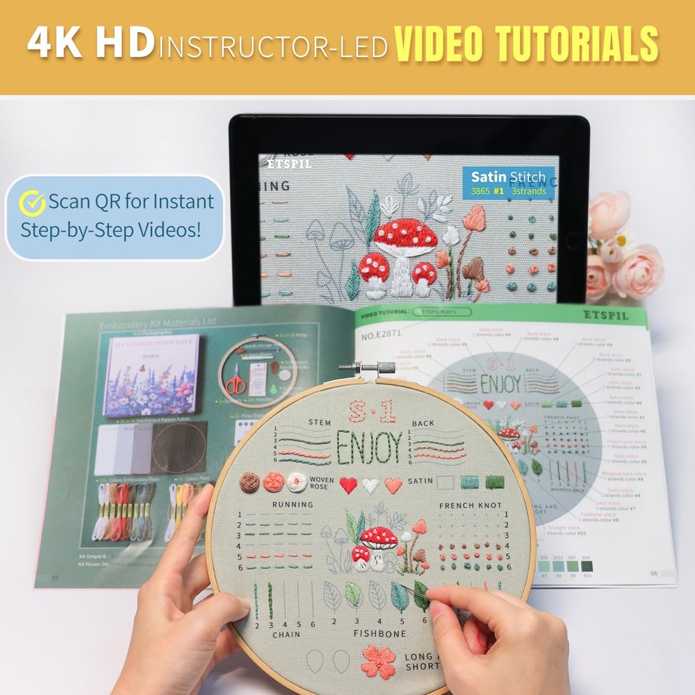 ETSPIL Embroidery Kit for Beginners, Easy Step-by-Step 4K medium, simple B