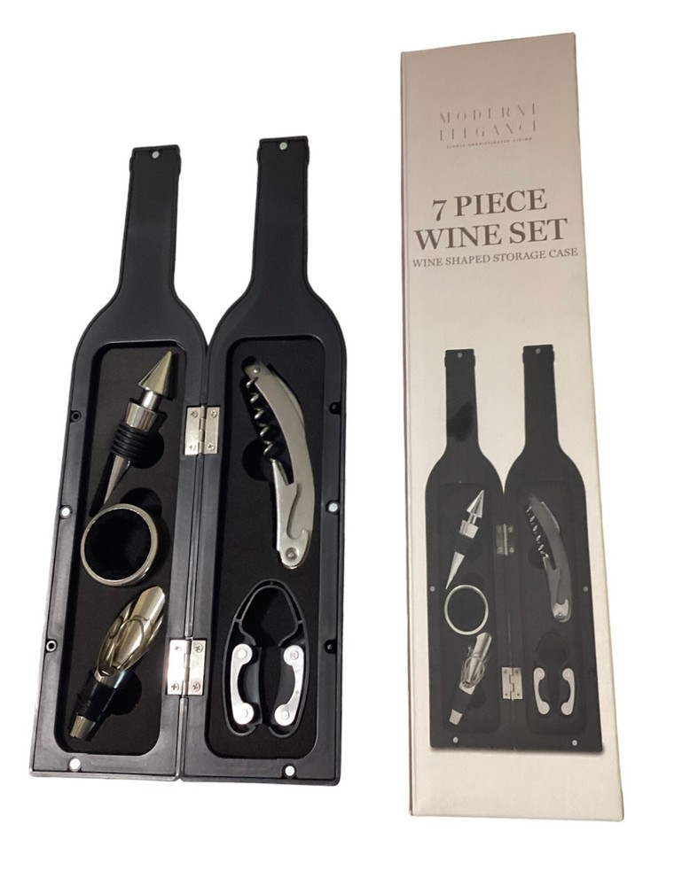 Modern Elegance 7 Piece Wine Tool Set Wine Shaped Storage Case New Great Gift