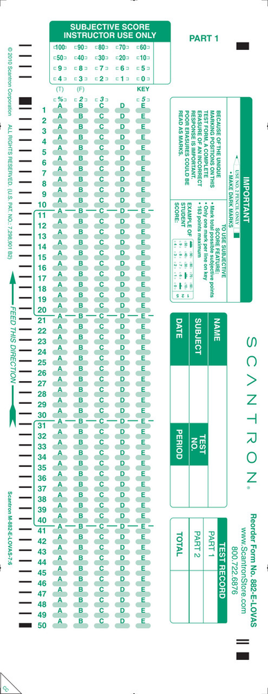 25 Authentic Green Scantron 882-E Testing Forms Sheets