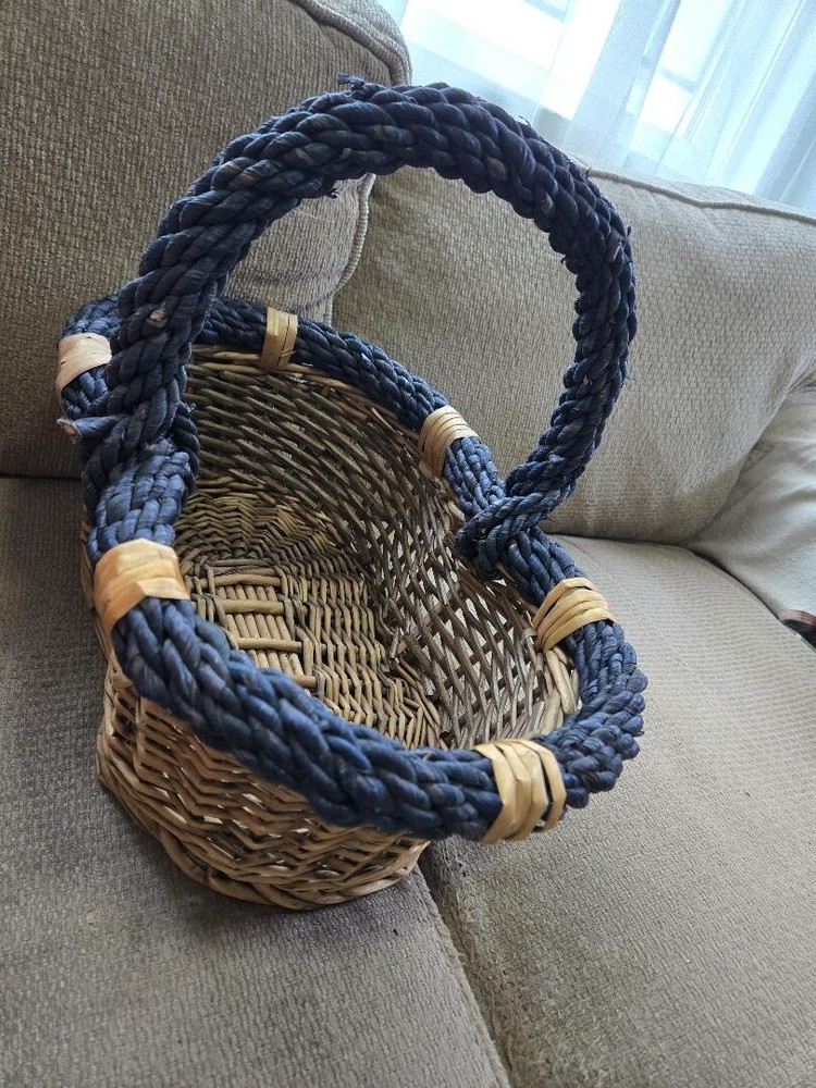 16" Oval Wicker Basket with Blue Handle