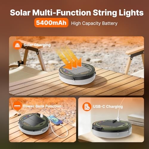 Solar Camping String Lights, 5400mAh/ 49.2FT/ 11 Modes Rechargeable Green