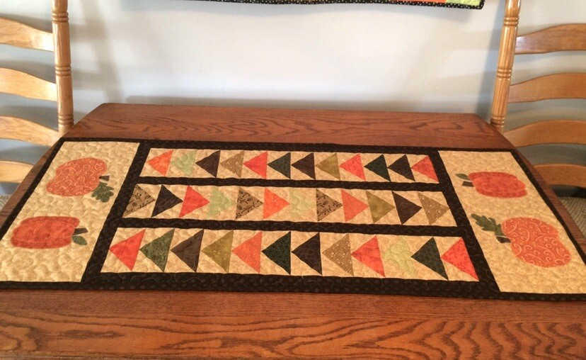 Fall Table Runner, Pumpkins and Flying Geese Autumn Table Decor 16” x 39”