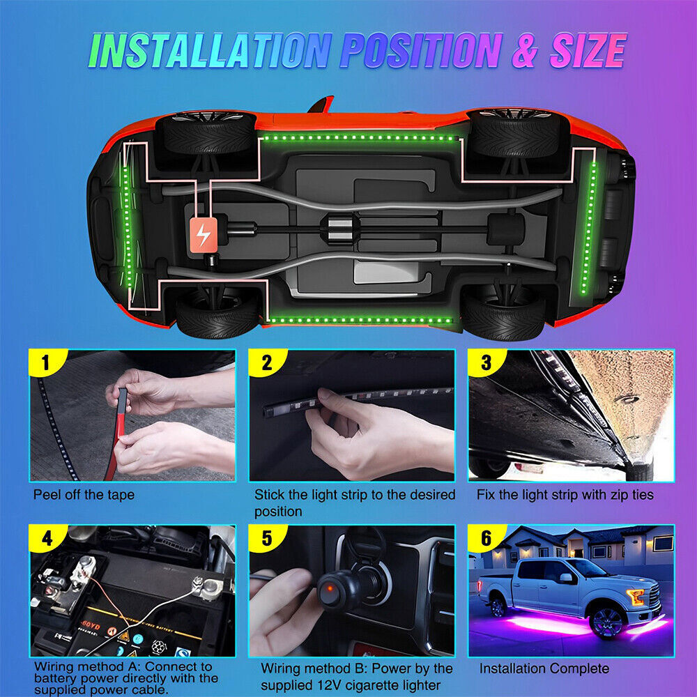 RGB LED Strip Under Car Tube Underglow Lights Kit + APP Bluetooth Remote Control