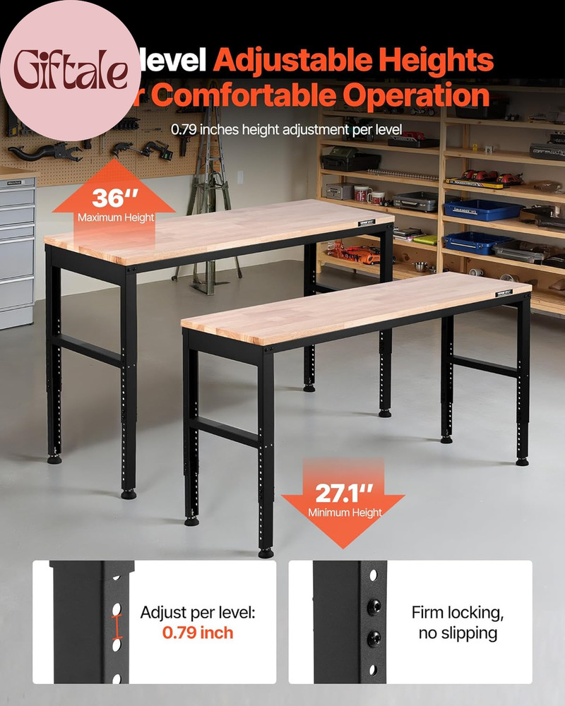 Adjustable Workbench, 2000 Lbs Capacity, 61 X 20-Inch Heavy Duty Work Bench with
