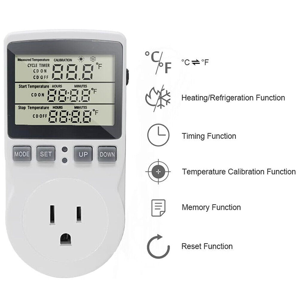 Temperature Controller Heating Cooling with Probe Digital Thermostat Outlet Plug