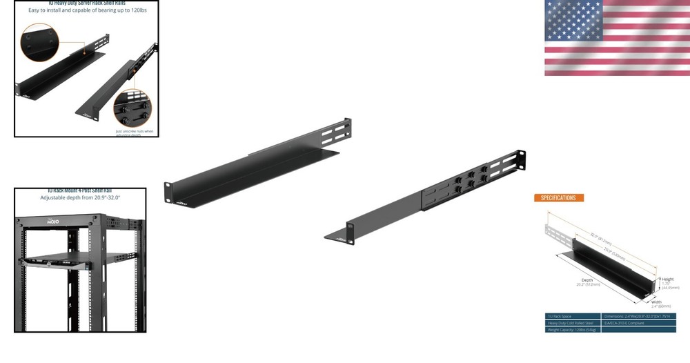 Easy Install 1U Rack Shelf Rails with Adjustable Depth – Perfect for AV/IT Gear