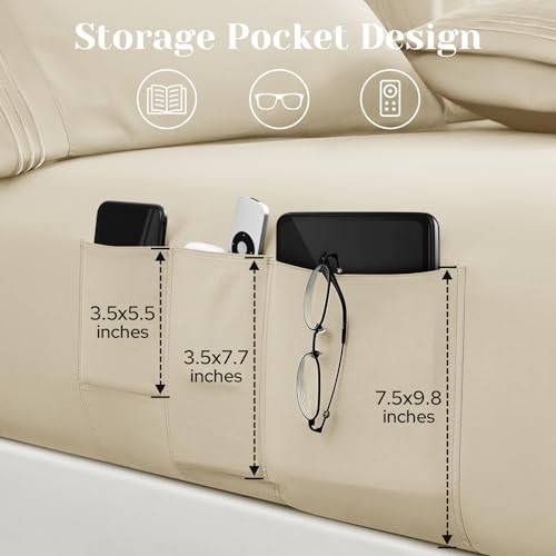 6 Pieces Bed Sheets Set with Pockets on Side(), Sweat-Wicking King Cream