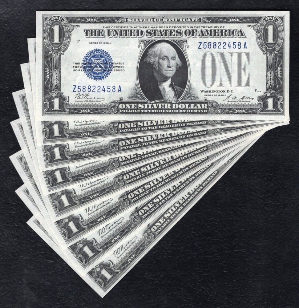 (8) CONSECUTIVE 1928-A $1 “FUNNYBACK” SILVER CERTIFICATES CHOICE UNCIRCULATED