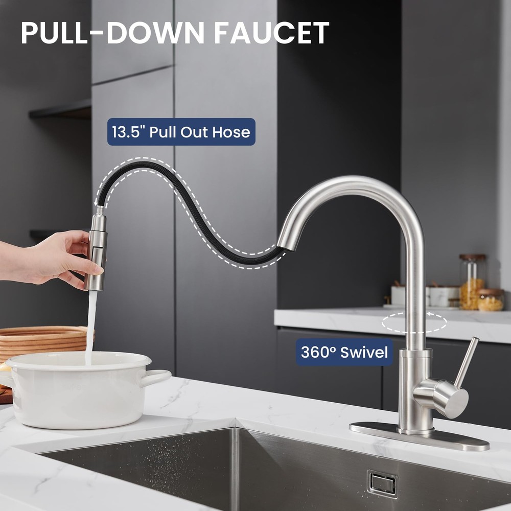 Kitchen Faucet with Pull-Down Sprayer, Brushed Nickel, High-Arc Single Handle...