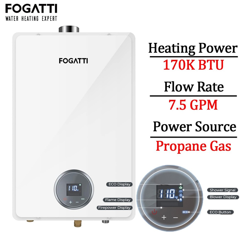 24L 170,000 BTU Tankless Water Heater Propane Gas Indoor For Whole House Use