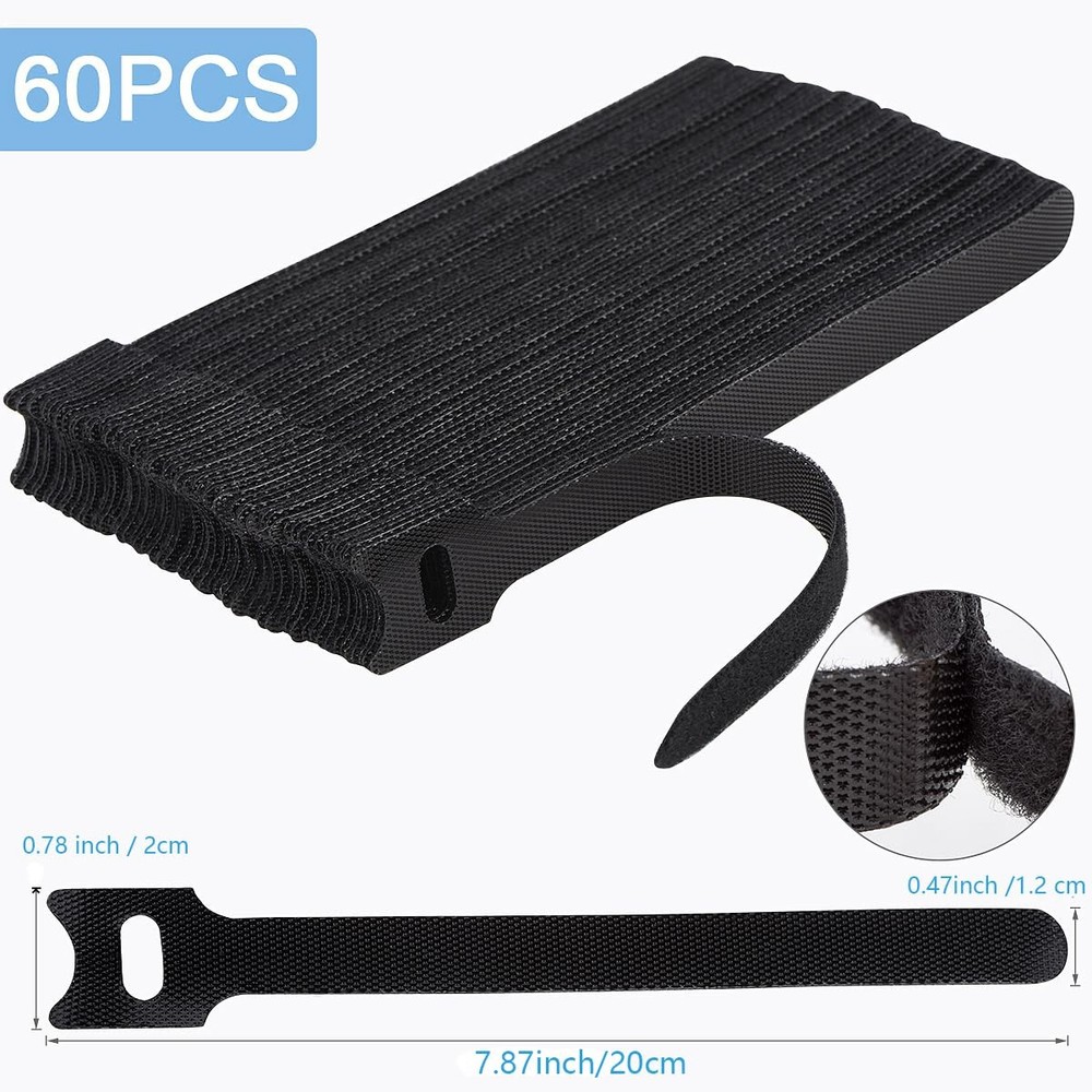Nettbe 60-Pack 8in Reusable Adjustable Hook Loop Cable Ties Cord Organizer