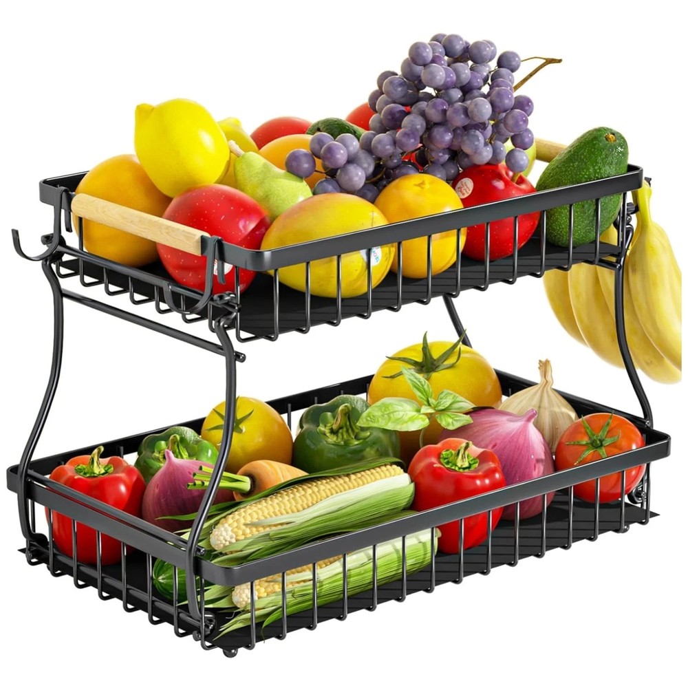 2 Tier Fruit Basket with 4 Banana Hangers, Improved Fruit Bowl for Kitchen Count