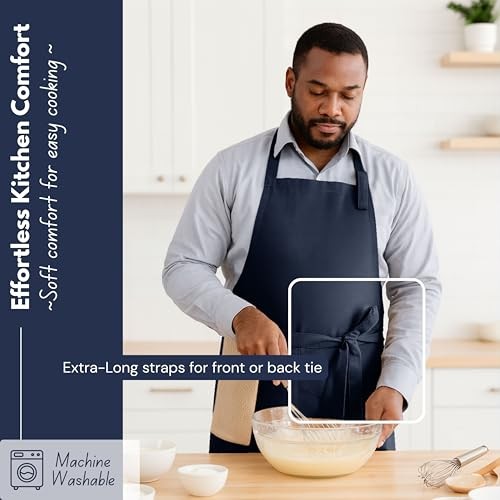 Kitchen Apron 2 Pack - 100% Cotton Adjustable, Durable Apron with Navy Blue