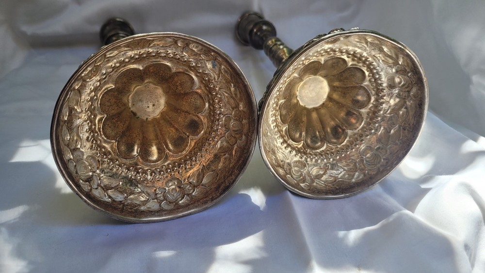 Two 13" Aztec Rose silver plated candlesticks rustic, heavy. unmarked