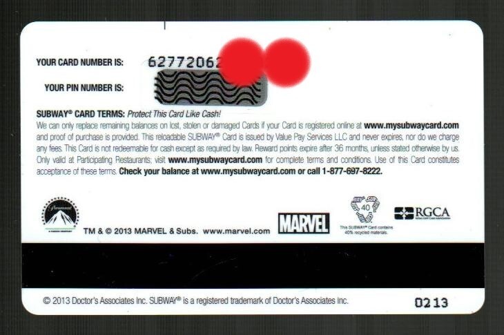 SUBWAY Iron Man 3, MARVEL ( 2013 ) Gift Card ( $0 )