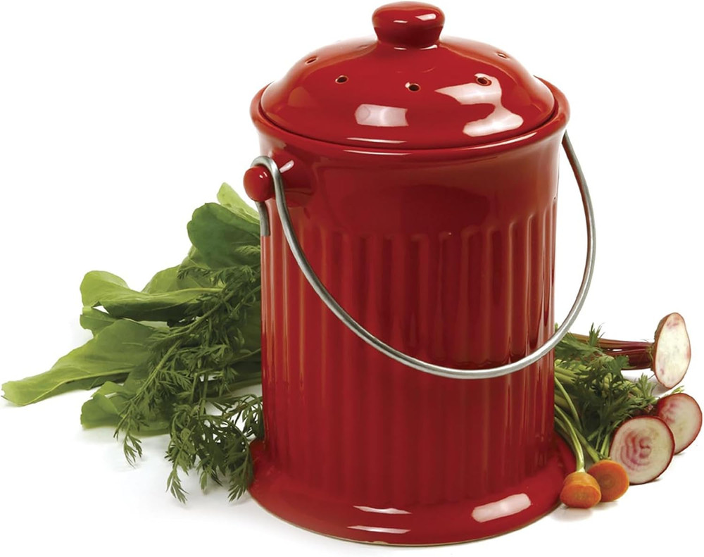 1 Gallon Ceramic Compost Keeper, Red