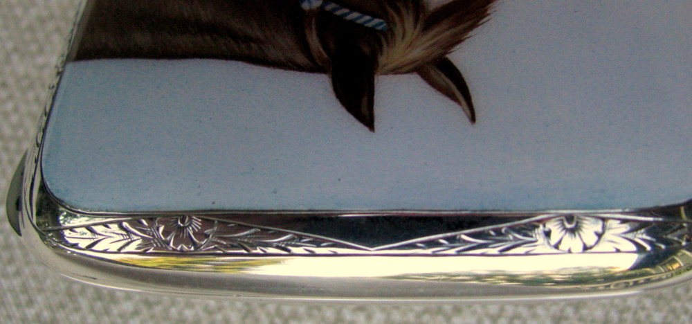 PRISTINE MINT ENGRAVED SILVER HAND PAINTED PORCELAIN CIGARETTE CHEROOT CASE 1910