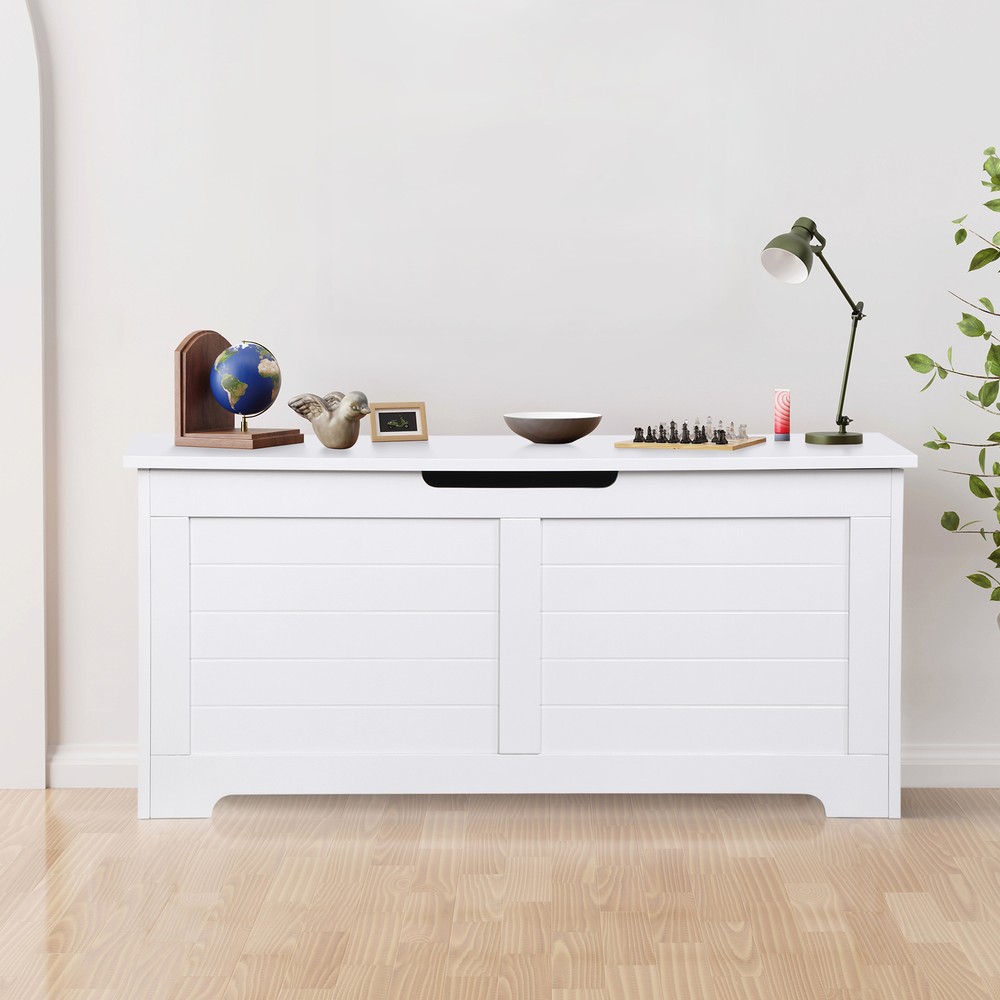 Wood Trunk Flip-Top Toy Box Storage Organizer Bench with Safty Hinge White