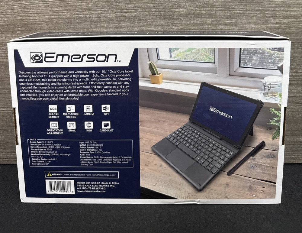 EMERSON EID-1062-BK 10" HD Octa Core Tablet with Android 15