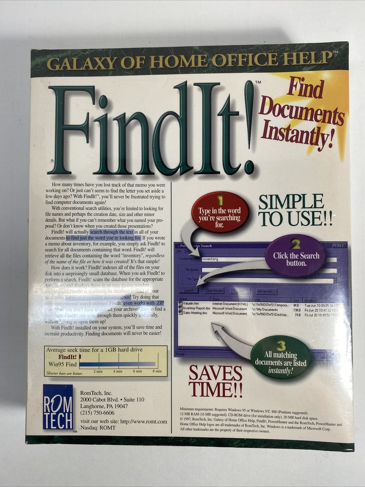 FindIt! Rom Tech Software Home Office Help Windows 95 Find Documents PC Vintage