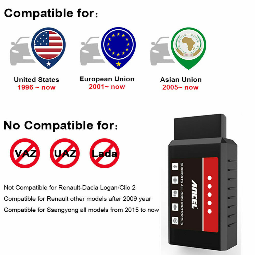 ELM327 Car OBD2 Scanner Bluetooth Code Reader Engine Diagnostic Tool For Android