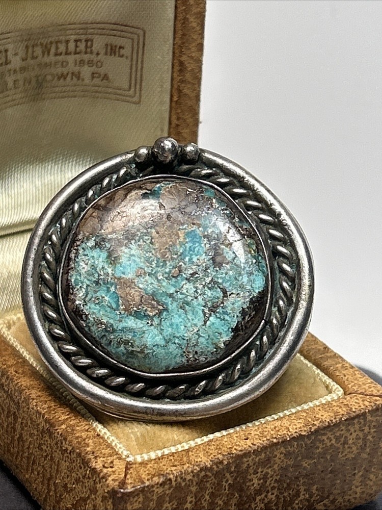 Large Native American Sterling Silver & Turquoise Twisted Cable Circle Ring