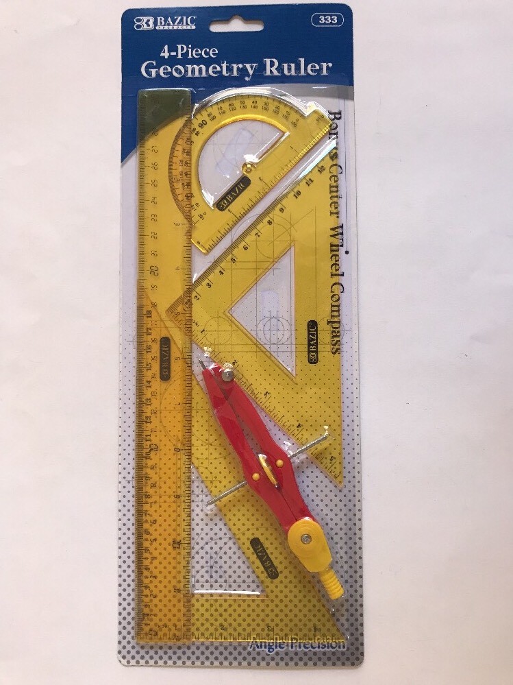 5-Piece Geometry Ruler Straight Triangle Protractor Compass Bazic New