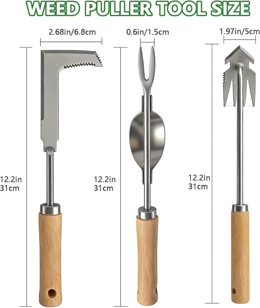 Weed Puller Tool Set, 3 Pack Garden Tools with 4 Teeth Weed Puller, L-Shaped Cra
