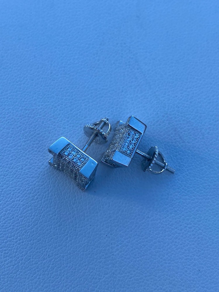 Mens Real Solid 925 Silver Iced CZ Hip Hop Earrings Studs Screw Back Cube