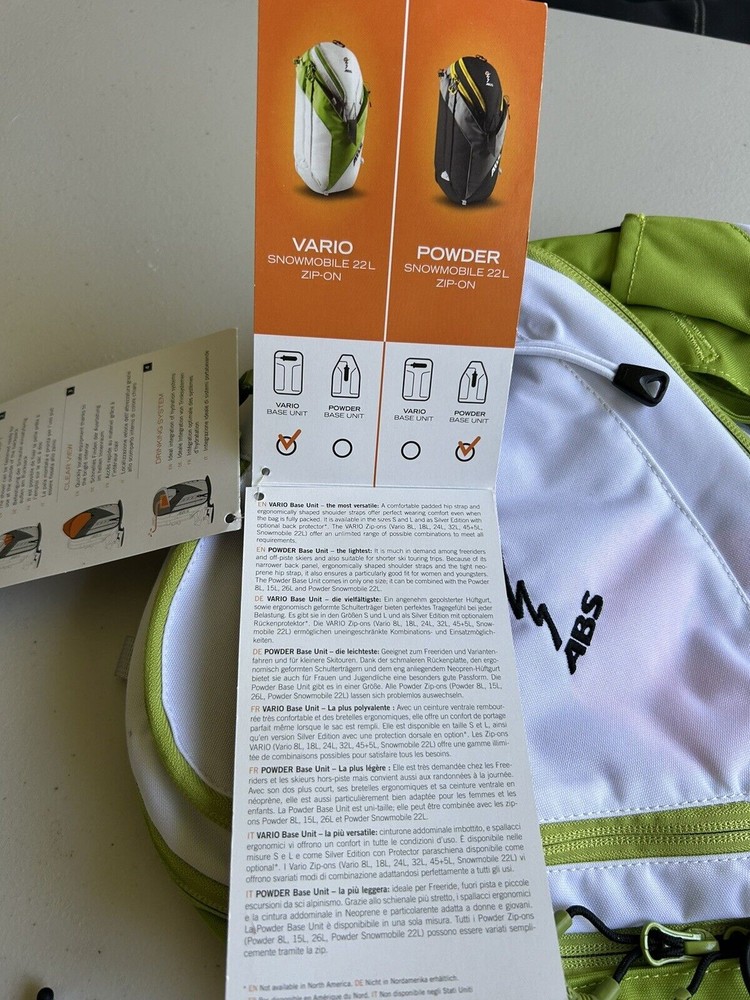 NWT ABS Snowmobile 22 Zip-off Bag For Base Unit Backpack White And Green