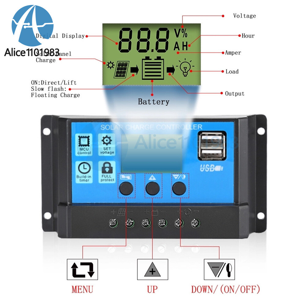 30A Solar Panel Battery Charge Controller 12V/24V LCD Regulator Auto Dual USB