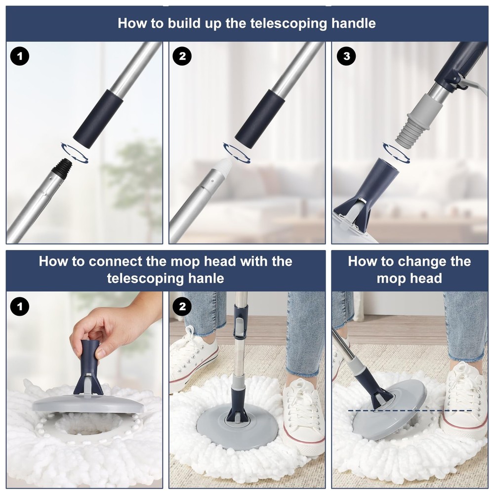 Spin Mop and Bucket System with180-Degree Rotating Head Telescopic Handle Dua...