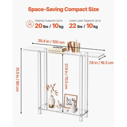 Acrylic Console Table, 2 Tiers Narrow Side Desk with Bottom Open Storage, Modern