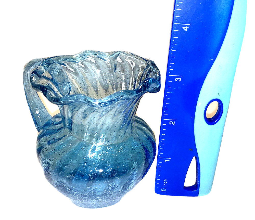 Small Hand Blown Blue Glass Creamer Pitcher w Applied Handle