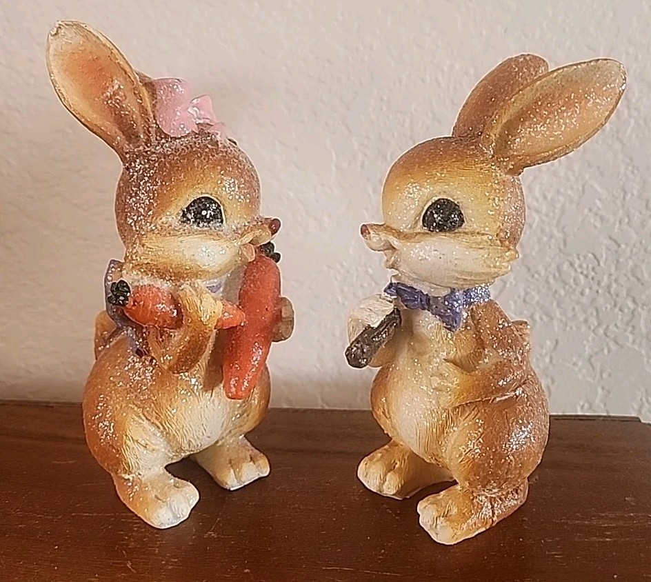 Set of 2 Easter Bunny Rabbit Figurines Glitter Spring Decor 6"