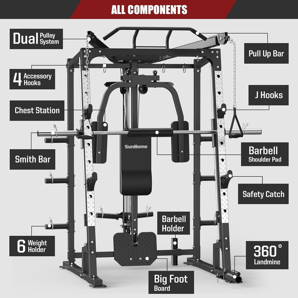 Smith Machine Power Cage Squat Rack with Smith Bar Cable Crossover Machine