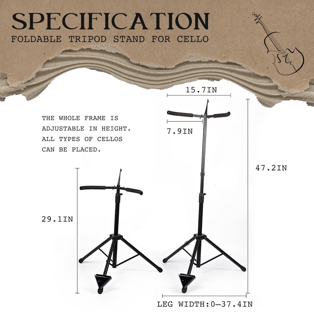 Cello Stand with Bow Hook - Adjustable, Sturdy Support for All Size Cellos - ...