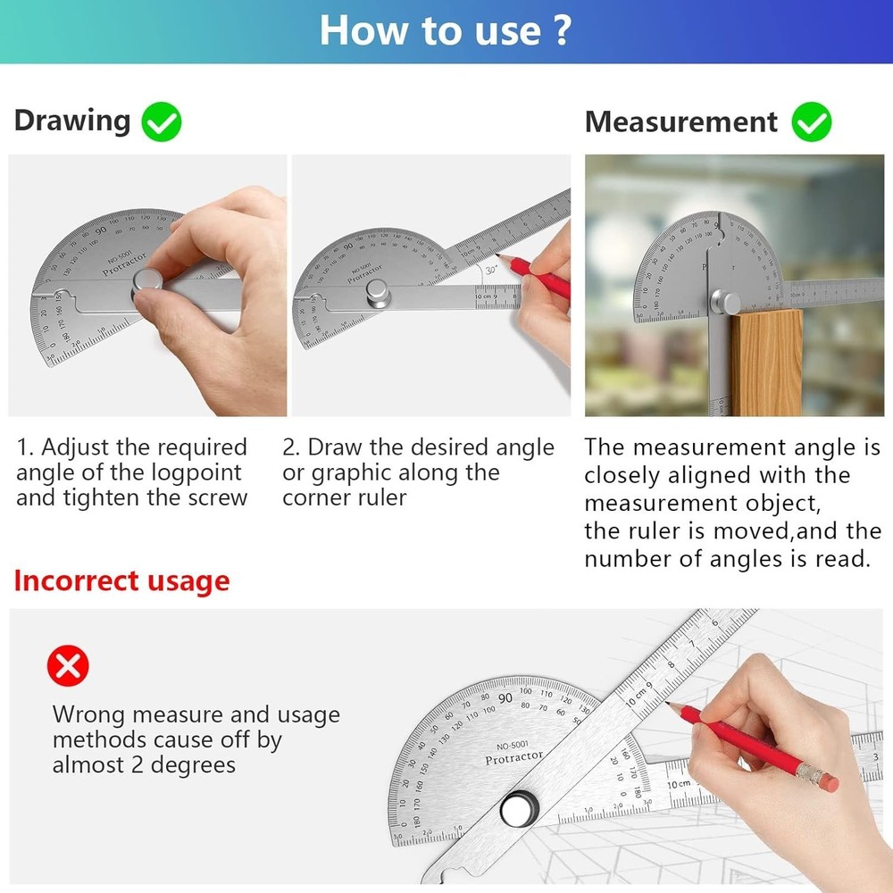 Stainless Steel Protractor 180 Degrees Two Arm Ruler Adjustable Angle Protrac...
