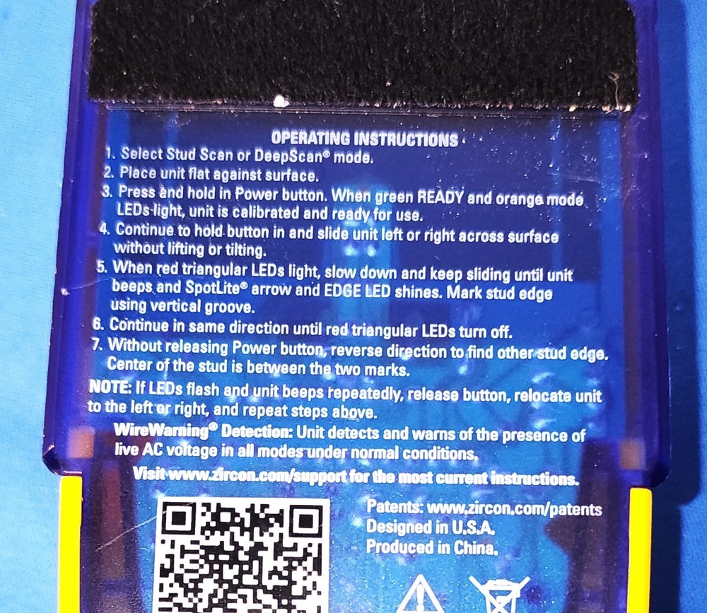 Zircon StudSensor L40 Electronic Stud Finder Wire Warning, 9V Battery Included