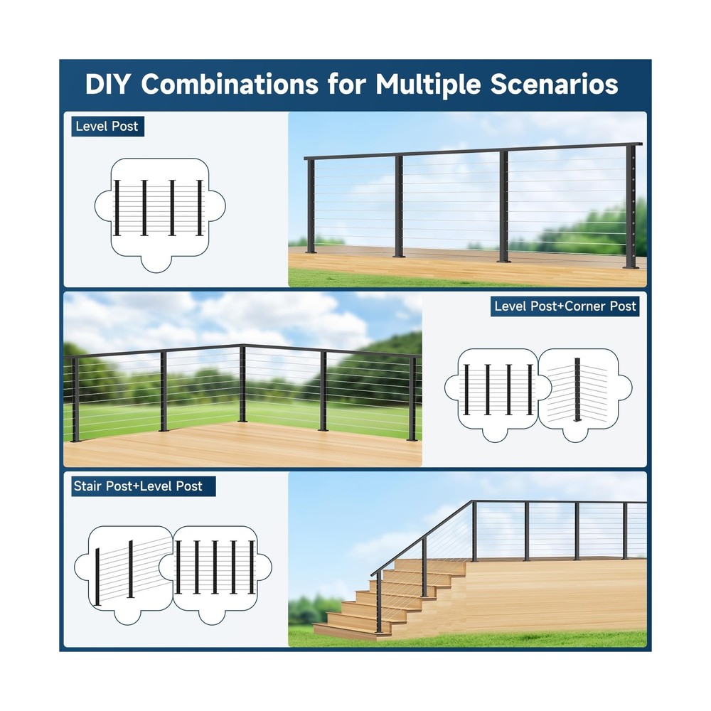 36" One-Stop Cable Railing Post Kit, 4 Pack Fixed Top Level Drilled Line Post...