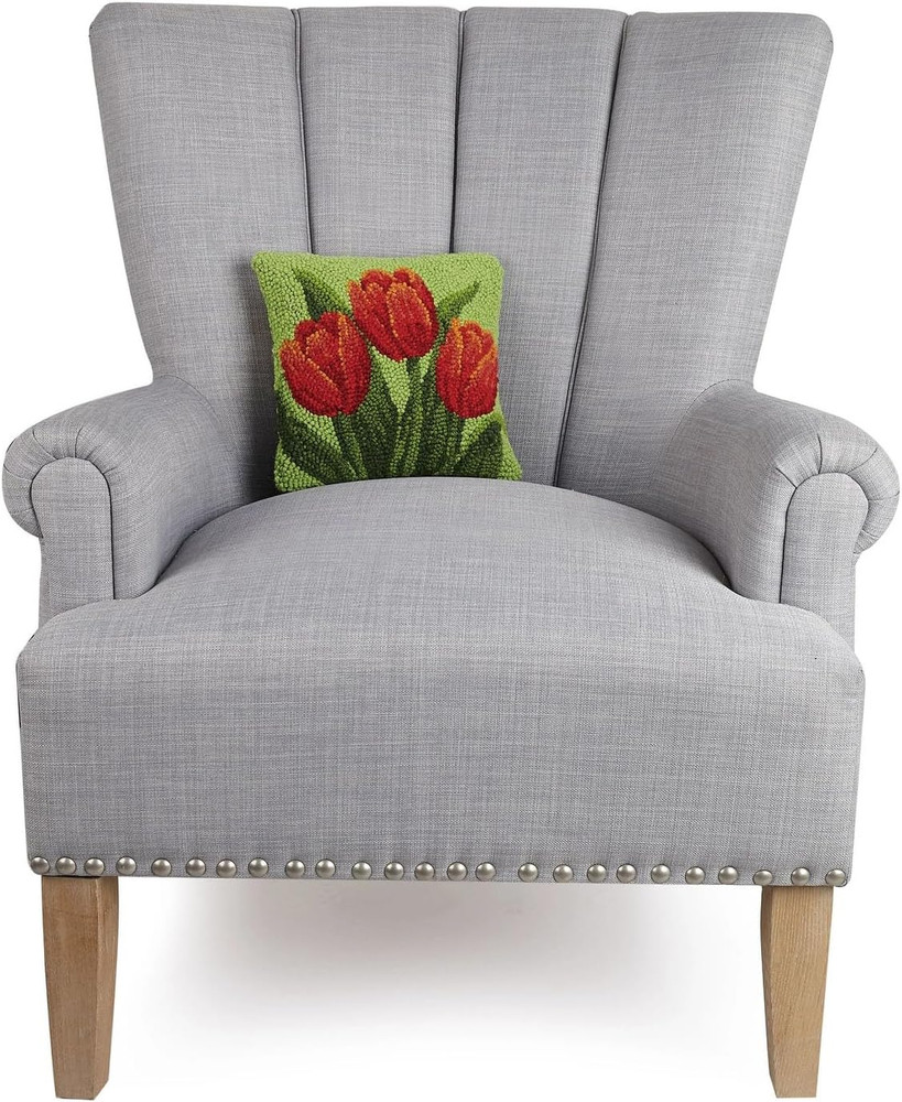 Red Tulips 10" Square Hooked Wool Throw Pillow with Polyfill Insert