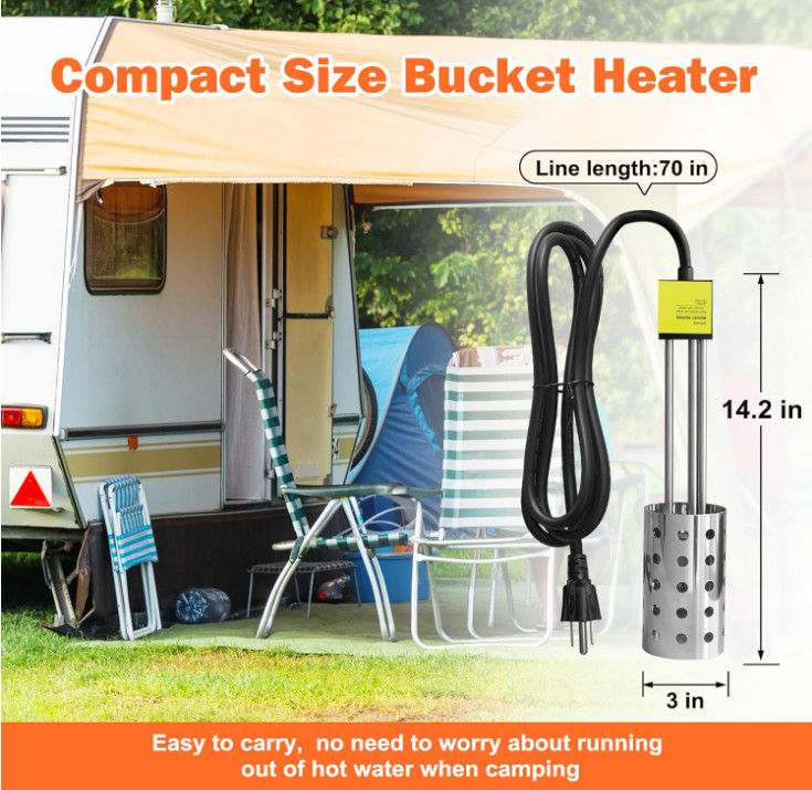 Quick-Heating 1000W Submersible Bucket Heater with Thermostat - Durable Design