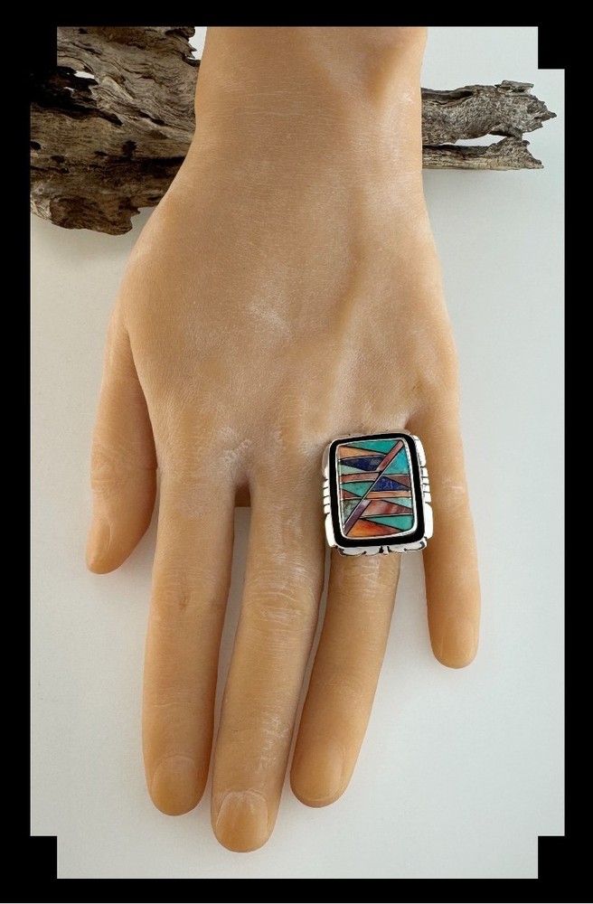 Handcrafted Sterling Silver Multi Stone Inlay Ring Adjustable